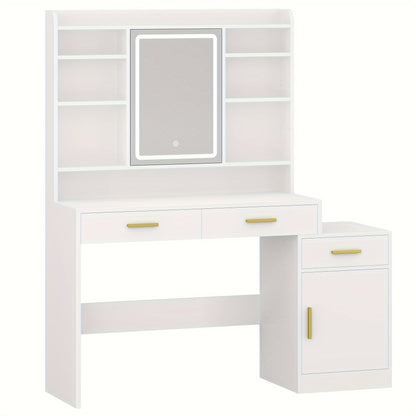 Make-up Tafel – Visagie Tafel – Schminktafel – Kaptafel – Make-up Bureau – Wit – LED Spiegel Met Drie Lichtstanden – Groot Tafelblad 130 cm