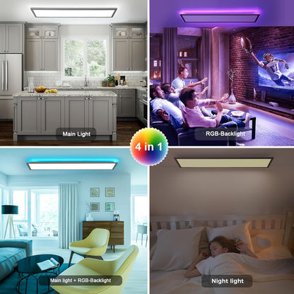 Dubbele LED Plafondlamp – LED Plafondverlichting – LED Plafondpaneel – RGB Plafondlamp – Moderne Plafonnière – 120 cm Zwart Frame – Verstelbare Kleurtemperatuur en RGB Achtergrondverlichting