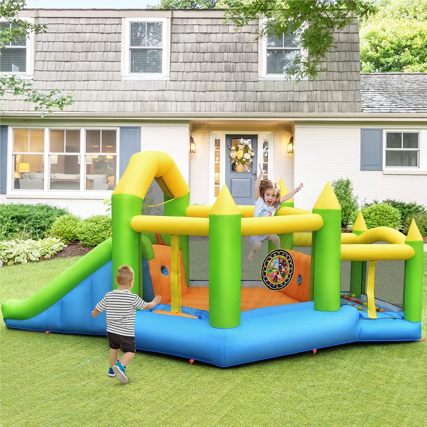 Springkasteel – Springkussen – Opblaasbaar Kasteel – Bouncer – Speelhuisje – Met Glijbaan & Ballenbad – Duurzaam Oxford Stof – Inclusief Basketbalring & Reparatiesetje 477x241x208 cm