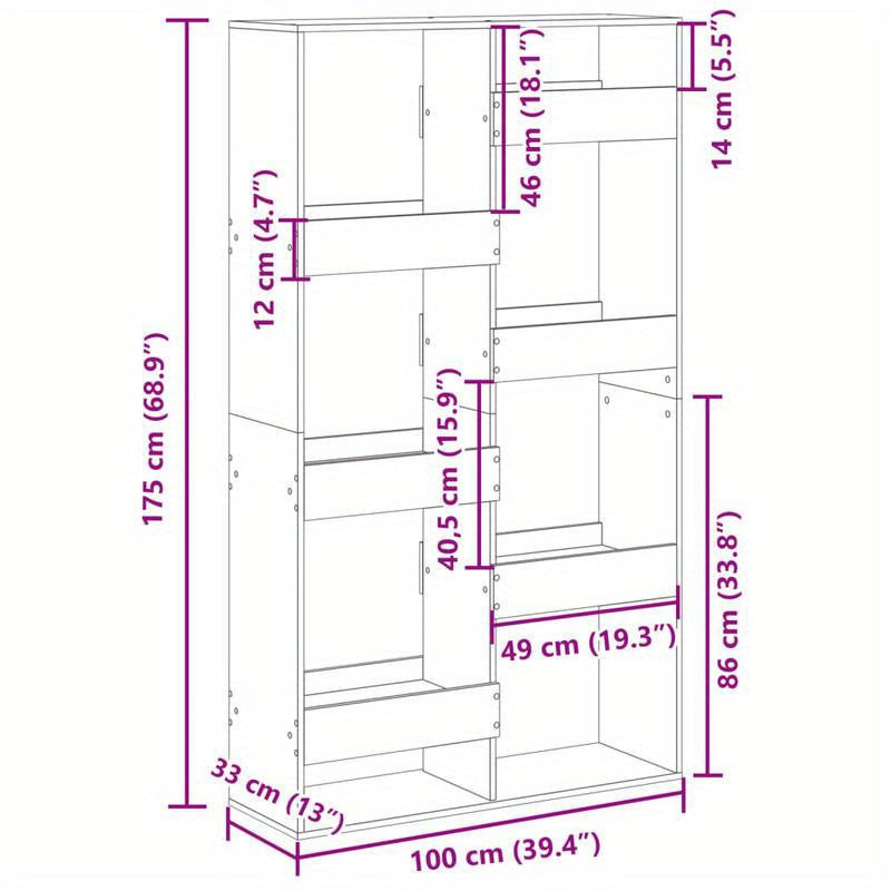 Bookshelf 100X33X175 Cm Made of Treated Wood in Gray Sonoma Oak Color. Vertical Shelves, Sturdy And Durable, Attractive, Ample Storage Space, Smooth Surface, Moisture-Resistant, Warp-Resistant, And Split-Resistant, Suitable f