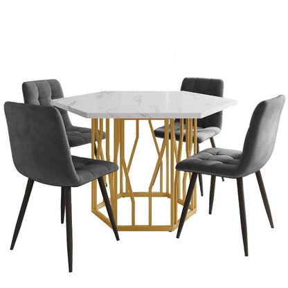Hexagon Tafel Set – Eettafel Set – Diningset – Marmeren Tafel – Stoelenset – 5-Delig – Grijze Fluweel Stoelen – Gouden Poten – Modern Design – Duurzaam Niet-Houten Blad