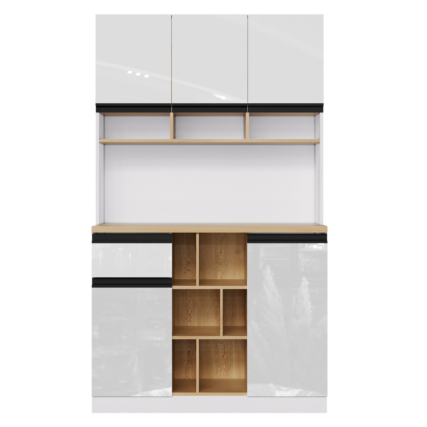 Buffetkast – Hoge Kast – Opbergkast – Dressoir – Keukenkast – Hoogglans Wit – Zwarte Metalen Handgrepen – 185 cm Hoog – Verstelbare Planken & Anti-Kantelbeveiliging