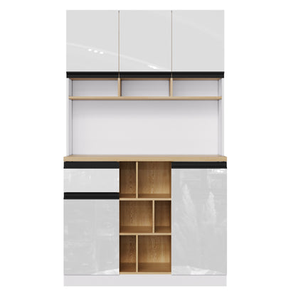 Buffetkast – Hoge Kast – Opbergkast – Dressoir – Keukenkast – Hoogglans Wit – Zwarte Metalen Handgrepen – 185 cm Hoog – Verstelbare Planken & Anti-Kantelbeveiliging