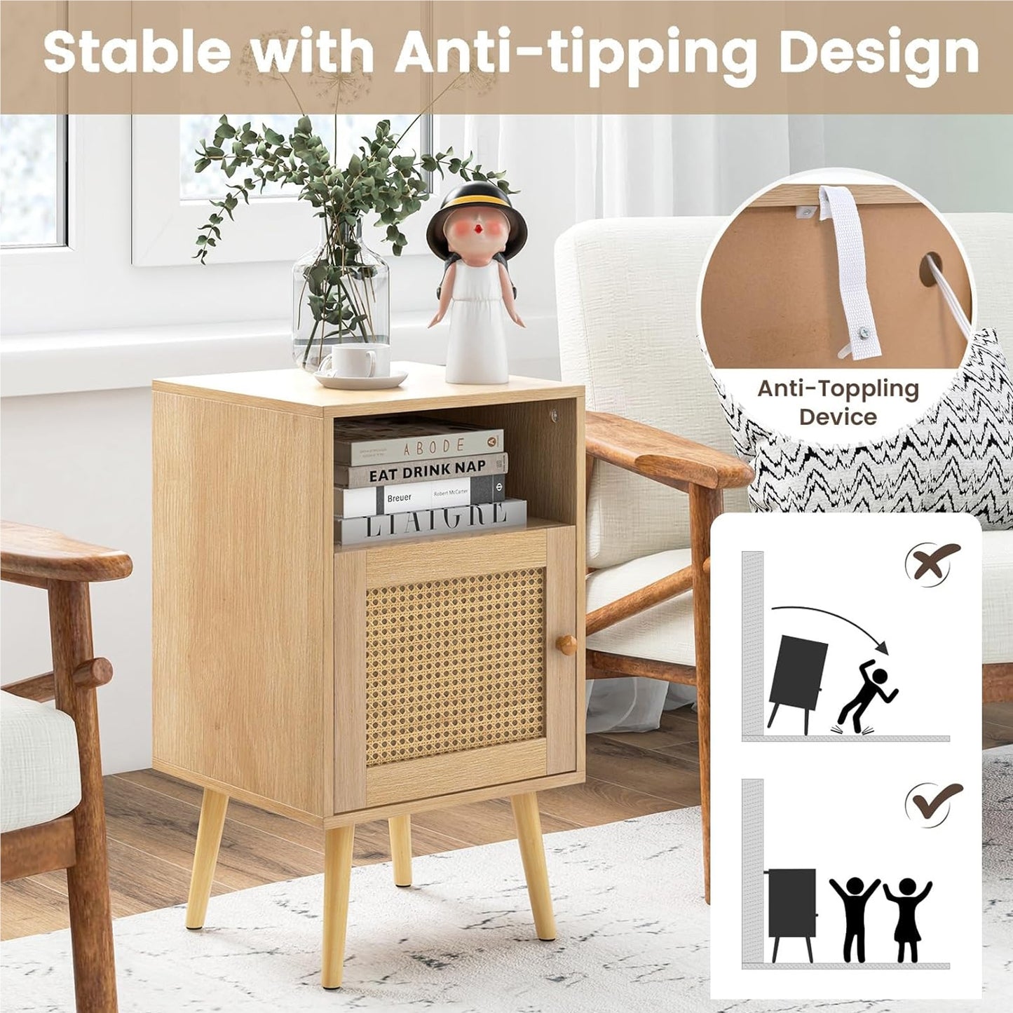 Nachtkastje – Bedkastje – Bijzettafel – Opbergkastje – Houten Kastje – Set Van 2 – Rattan Deuren – Stevige Dennenhouten Poten