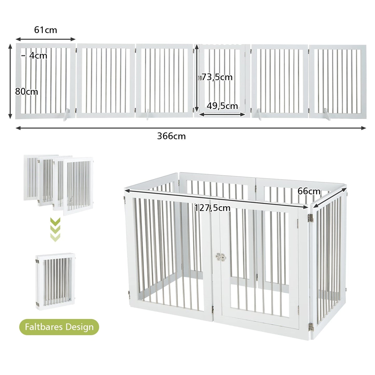 Hondenhek – Hondenren – Puppyhek – Traphekje – Loophekje – Vrijstaand – 6 Panelen Met Deur – 80 cm Hoog – Opvouwbaar – Wit – RVS & Hout – Extra Stevige Steunen