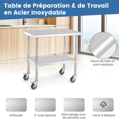 RVS Werktafel – Roestvrijstalen Tafel – Werkbank – Inklapbare Keukentafel – Mobiele Werktafel – Verstelbare Onderplank – 250 kg Draagvermogen – 4 Wielen Met Rem