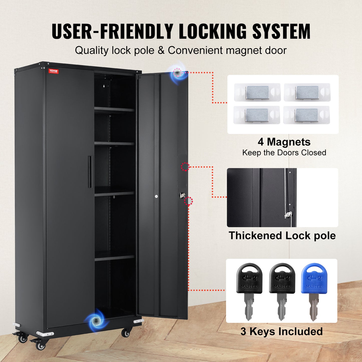 Opbergkast – Stellingkast – Opbergrek – Metalen Kast – Lockerkast – Verstelbare Planken – Met Wieltjes – Zwart – 190 cm Hoog – Max 90 kg Per Plank