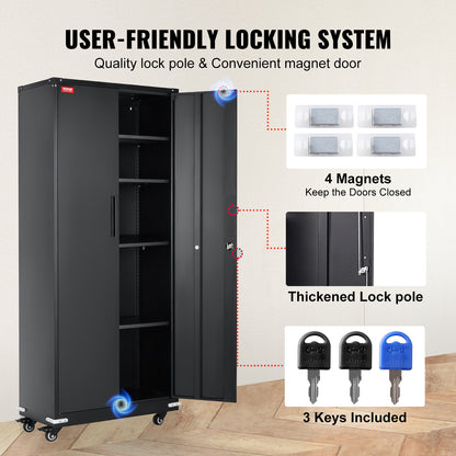 Opbergkast – Stellingkast – Opbergrek – Metalen Kast – Lockerkast – Verstelbare Planken – Met Wieltjes – Zwart – 190 cm Hoog – Max 90 kg Per Plank