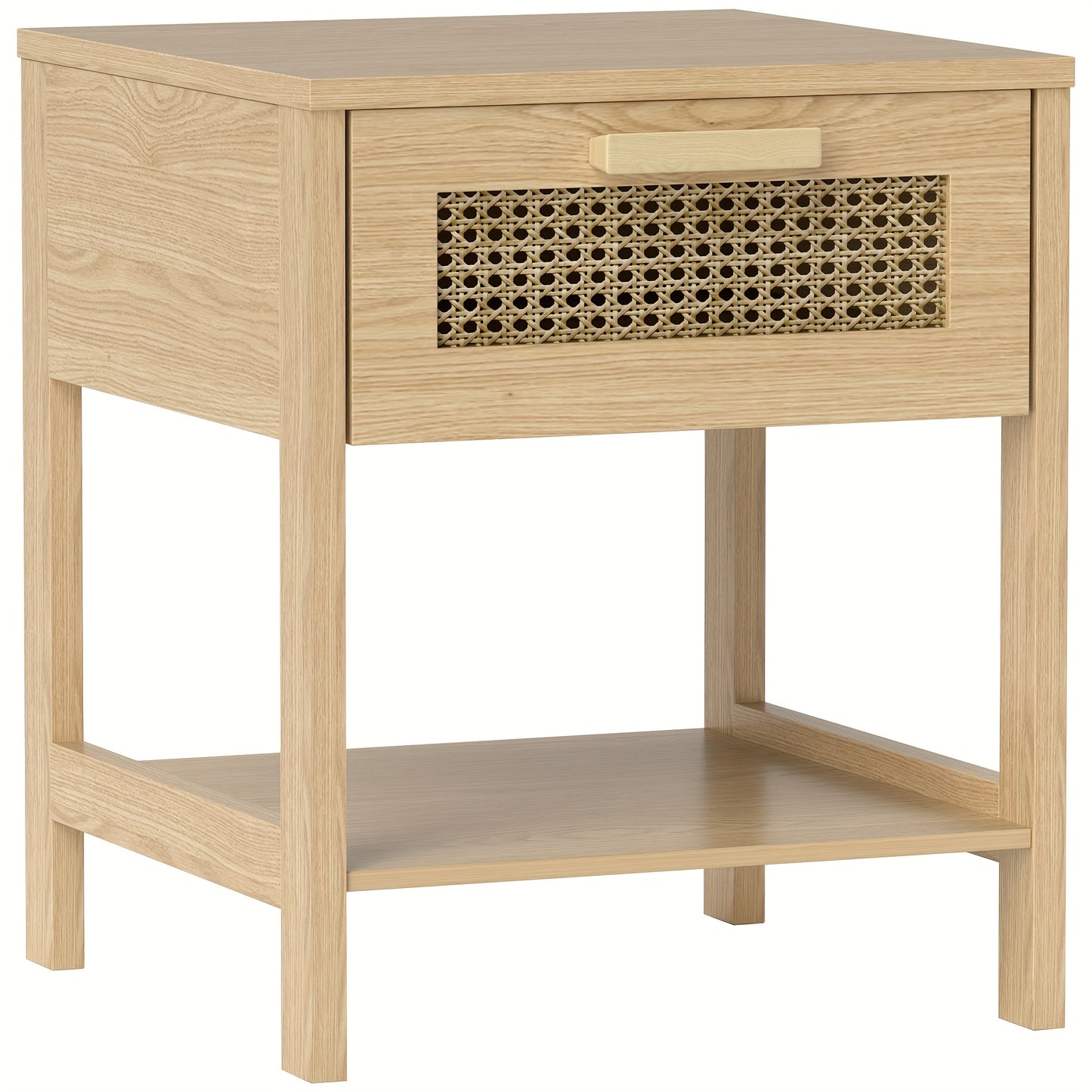 Nachtkastje – Bijzettafel – Bedtafeltje – Nachtkast – Houten Kastje – Houtkleur Met Rattan Design – 40x40x48,4 cm – Met Laden En Open Planken