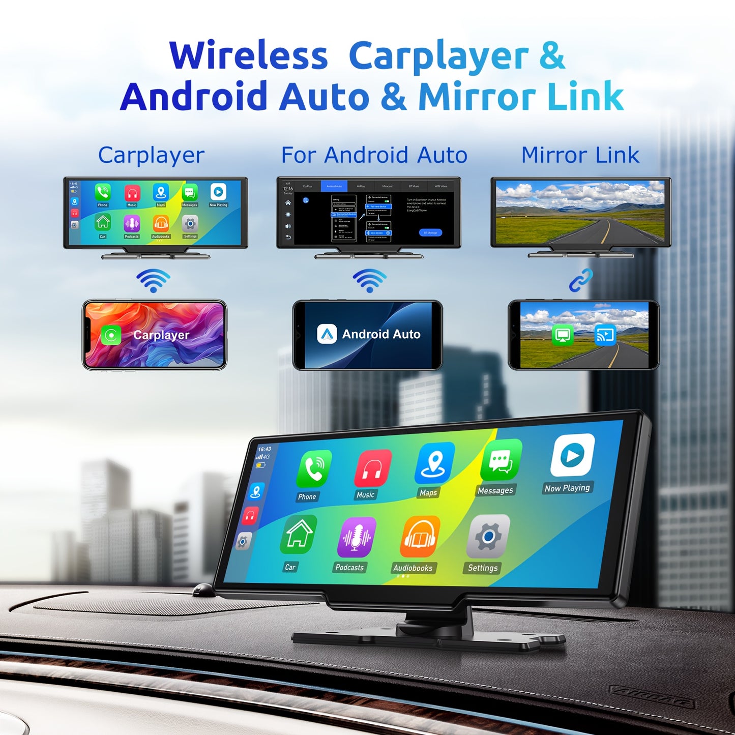 Dashcam – Auto Camera – Multimediasysteem – Recorder – Achteruitrijcamera – 10,26 Inch IPS Touchscreen – 4K Voorcamera & 1080p Achtercamera – Draadloze CarPlay & Android Auto – 64GB Geheugenkaart
