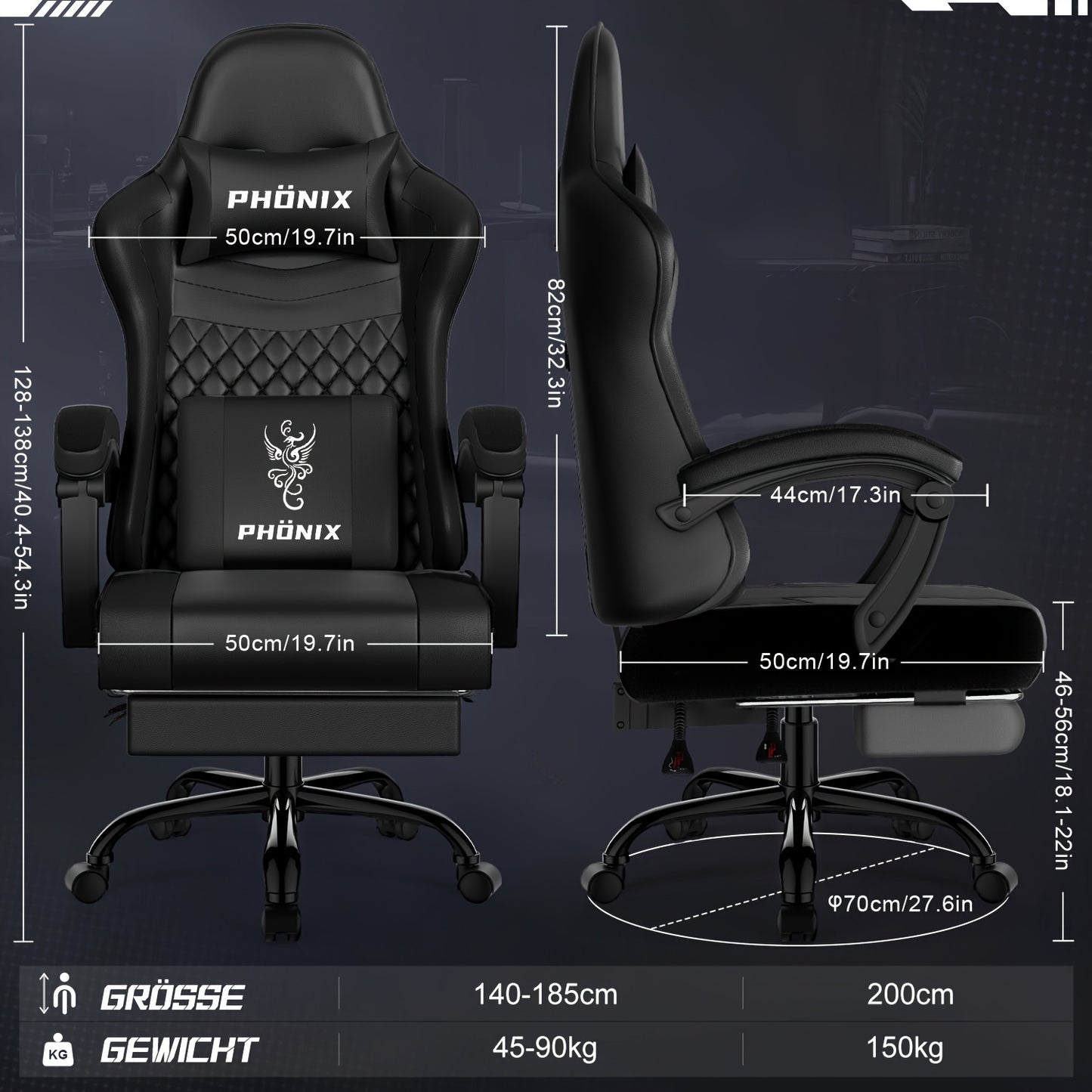 Gaming Chair with Footrest, Ergonomic Gaming Chair, Gaming Armchair with Adjustable Lumbar Cushion Equipped with An Adjustable Lumbar Support And Headrest, 360° Swivel And Designed for A Weight Of Up to 150kg.