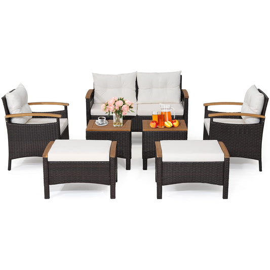Tuinmeubelset Rattan – Balkonmeubels – Loungeset – Buitenmeubelen – Zithoek – Acaciahouten Tafelbladen – Comfortabele Kussens – Weerbestendig Stalen Frame