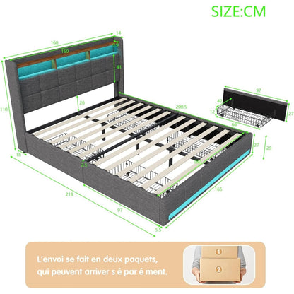 Double Bed with Storage, LED Lighting, 4 Drawers, Storage Function, USB Charging, Quick Assembly, Metal And Linen Bed Frame, Classic, for Adults, Ideal for 8Mj4Txd Bedroom.