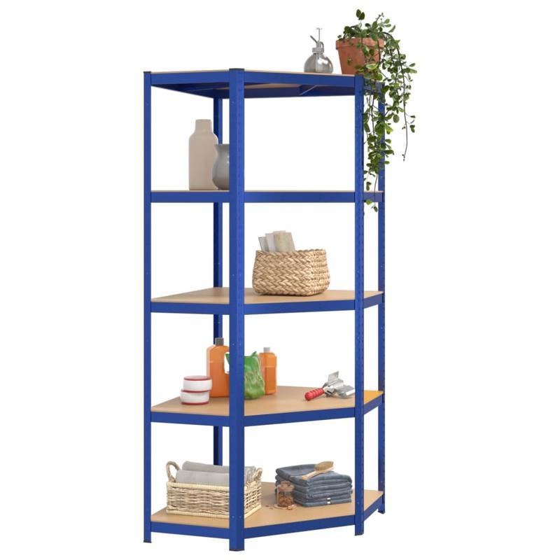 Hoekrek – Opbergrek – Hoekplank – Boekenkast – Opbergkast – 5-laags – Blauw Staal en Engineered Wood