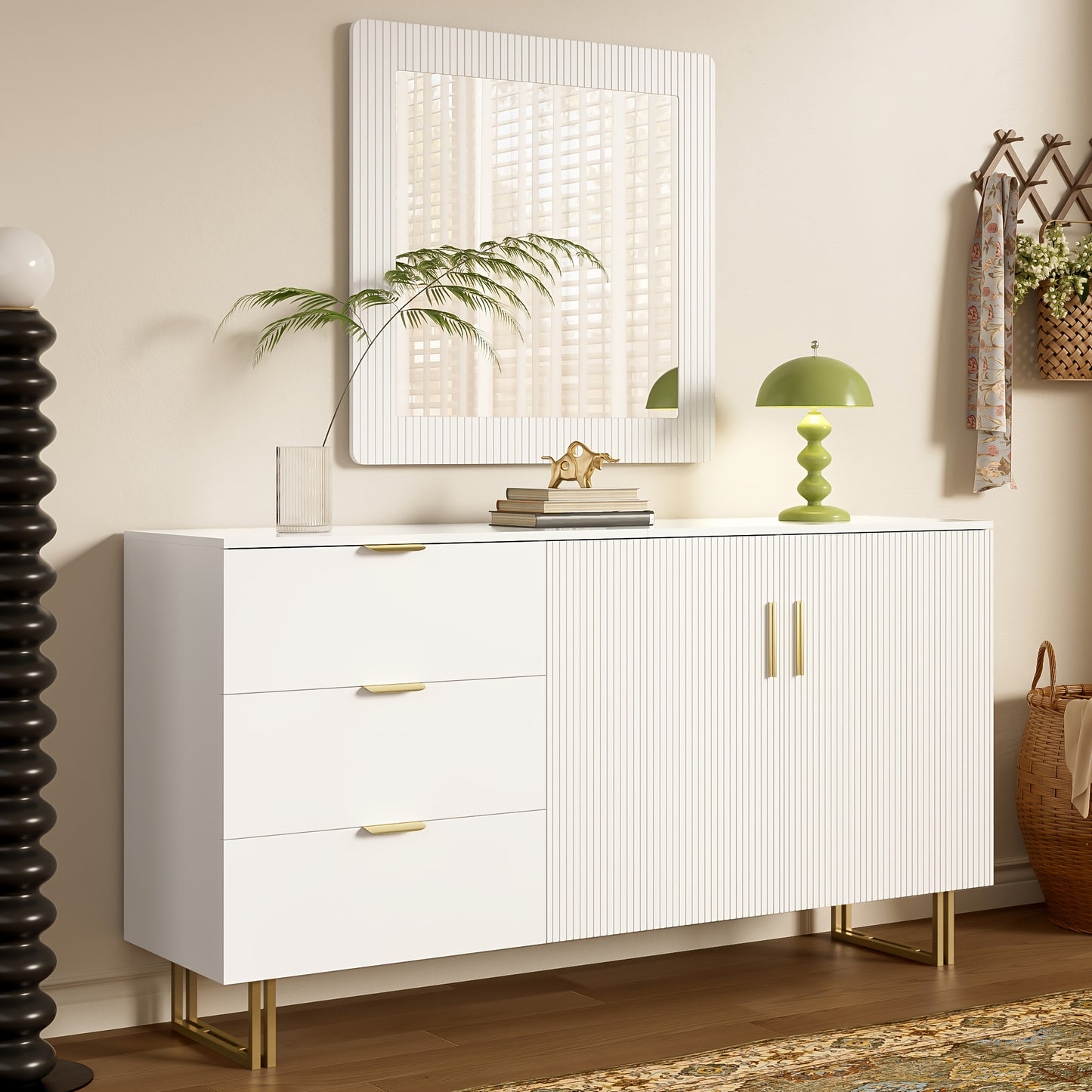 Spiegel en Dressoir Set – Wandspiegel – Kaptafel – Opbergkast – Ladekast – Wit – Gouden Handgrepen – 80x80 cm Spiegel – Bamboe Materiaal