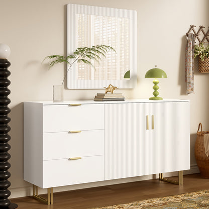 Spiegel en Dressoir Set – Wandspiegel – Kaptafel – Opbergkast – Ladekast – Wit – Gouden Handgrepen – 80x80 cm Spiegel – Bamboe Materiaal