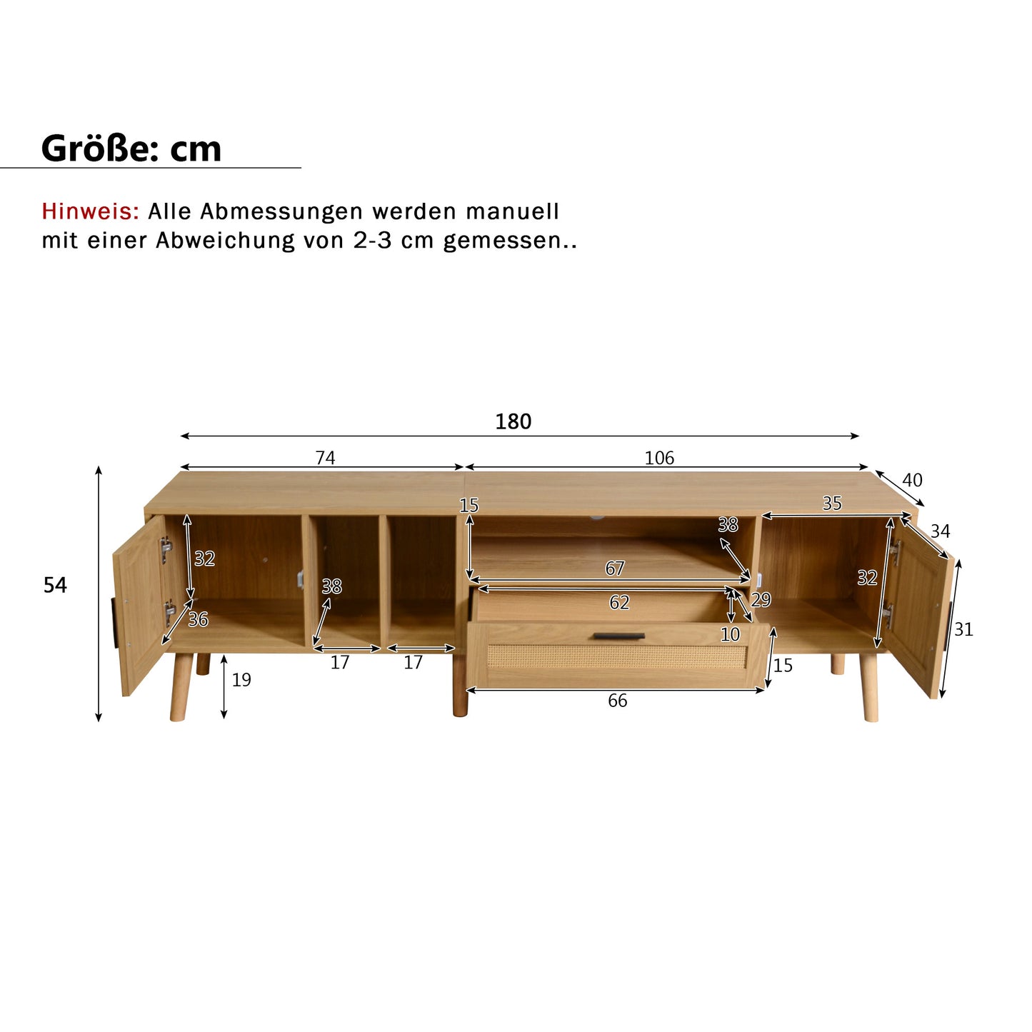 BTM TV Lowboard with Wood Look, Rattan Doors, and Drawer, 180 cm TV Stand for 80-Inch TVs, TV Cabinet with Cable Management, Storage Space & Solid Wood Legs, Scandinavian Design