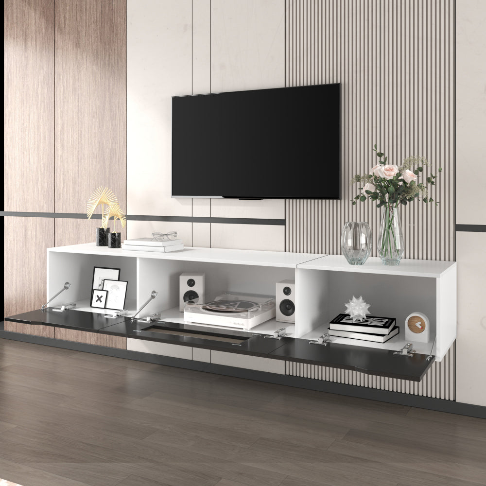Modern Metal TV Stand with High-Gloss Finish - Wall-Mounted or Freestanding Media Console, Space-Saving Design in Black & White, Easy Installation with Hardware Included, Minimalist Entertainment Center for Living Room, Home