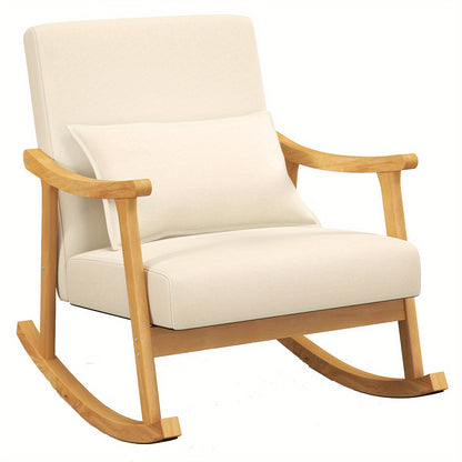 Schommelstoel – Rocking Chair – Schommelstoel met hoge rugleuning – Relaxstoel – Loungestoel – Beige variant – Stevig rubberhout frame – Zachte lendenkussen en ergonomisch ontwerp