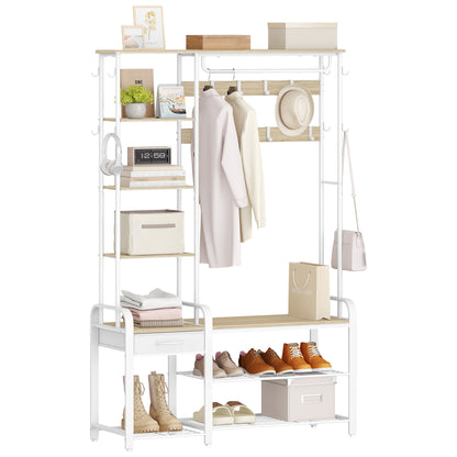 Kapstok – Kledingrek – Schoenenrek – Garderobe – Halmeubel – 5-in-1 Multifunctioneel – 17 Haken & 3-Vaks Schoenenbank – Golden Oak Wit