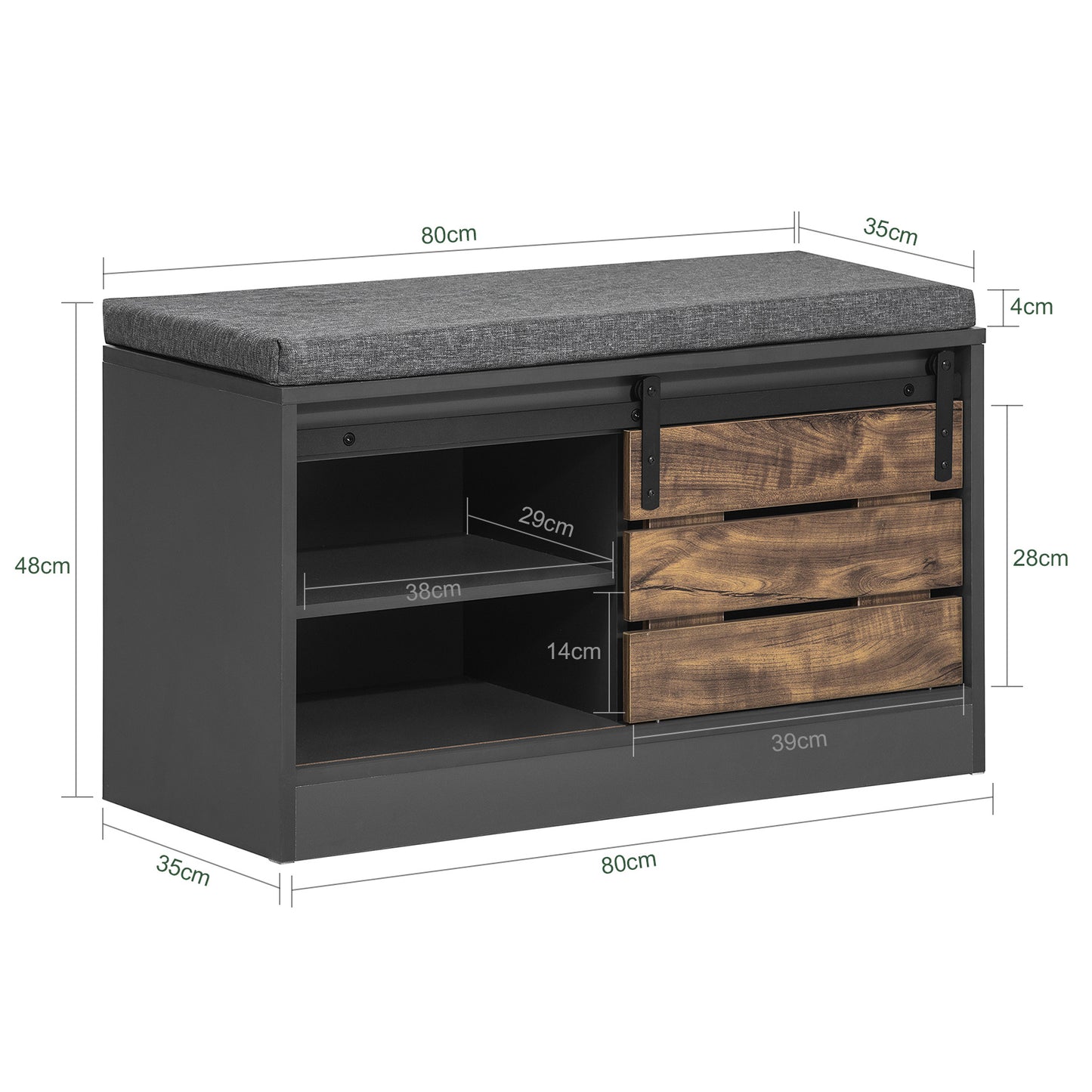 Schoenenrek – Schoenenkast – Schoenenopberger – Schoenenbank – Schoenenmeubel – Hout – Schuifdeuren – Met Zitkussen – Vintage Design – 80x35x48 cm