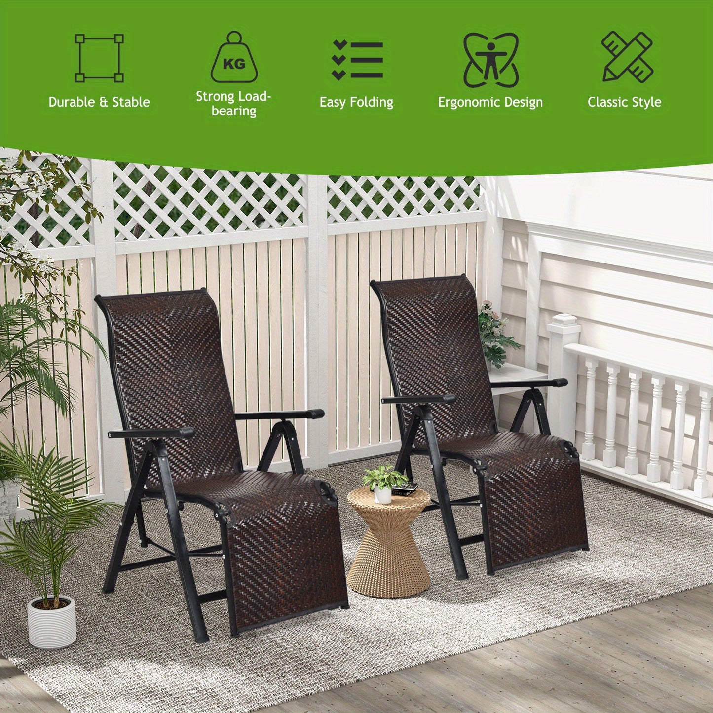 Rattan Ligstoel Set – 2-delige Tuinstoel – Inklapbare Ligstoel – Verstelbare Rugleuning – Buitenstoel Met Armleuningen – Weerbestendig Rattan – Compact Opvouwbaar – Stijlvolle Tuinlounger