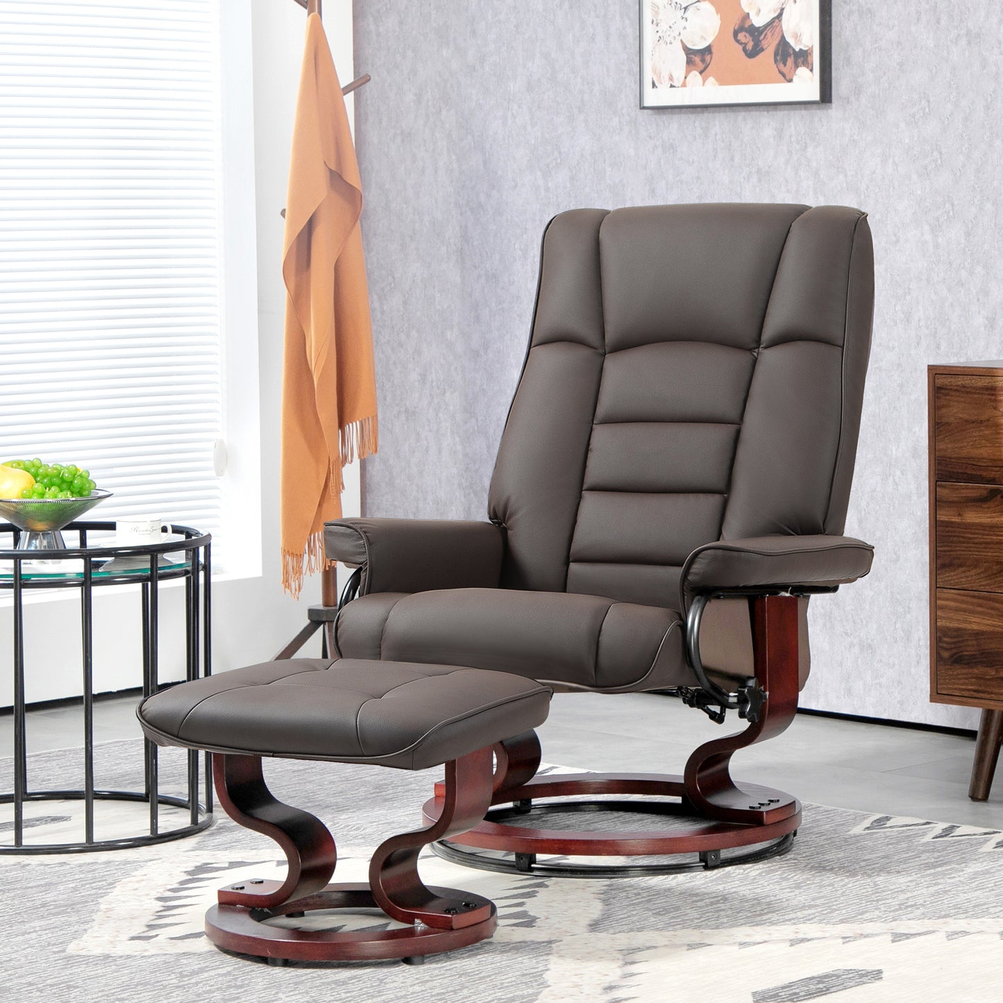 Relaxstoel – Fauteuil – Loungestoel – Draaifauteuil – Relaxfauteuil – 360° Draaibaar – Handmatig Verstelbare Rugleuning – Houten Frame – Kunstleer Bekleding – Bruin – 76x85x104 cm