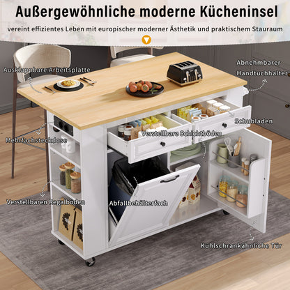 Mobiel Kookeiland – Keukentrolley – Kooleiland – Werkbank – Keukenwagen – Wit – Uitschuifbare Eettafel – Stevige Zwenkwielen