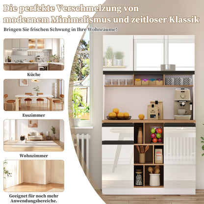 Buffetkast – Hoge Kast – Opbergkast – Dressoir – Keukenkast – Hoogglans Wit – Zwarte Metalen Handgrepen – 185 cm Hoog – Verstelbare Planken & Anti-Kantelbeveiliging