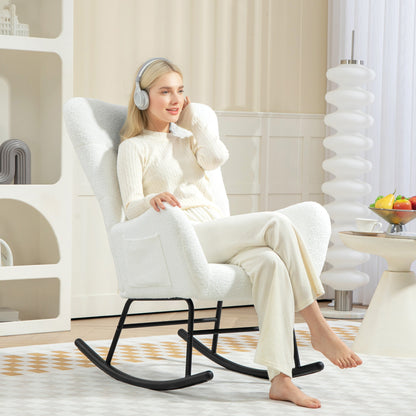 Schommelstoel – Relaxstoel – Wipstoel – Schommelzetel – Loungestoel – Teddy Stof – Met Metalen Onderstel – Voorzien Van Zijzak – Ergonomische Rugleuning