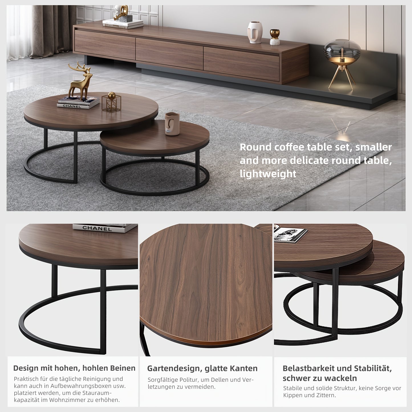 Ronde Koffietafel – Salontafel – Bijzettafel – Tafeltje – Woonkamertafel – Set Van 2 – Walnootkleurig Met Zwart Metalen Frame – Compact En Duurzaam