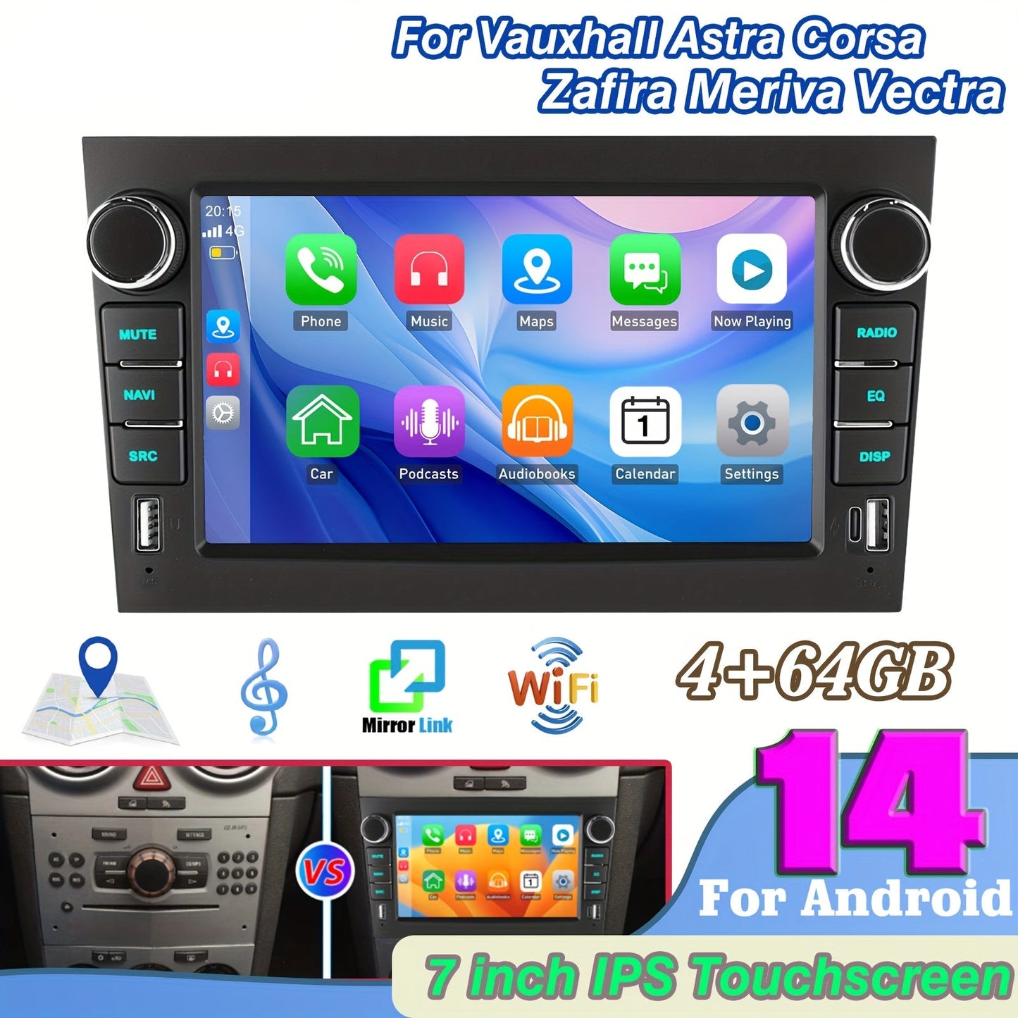 Android 14 Autoradio – Auto Stereo – Multimedia Speler – Navigatie Systeem – Touchscreen Radio – 7 Inch IPS Scherm – 4GB RAM + 64GB Opslag – Bluetooth Android Auto CarPlay