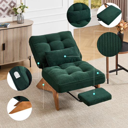 Loungestoel – Fauteuil – Relaxstoel – Zitstoel – Leunstoel – Verstelbare Rugleuning – Inclusief Voetenbank en Lendenkussen – Stevige Houten Poten – Comfortabele Ademend Stof – Groen