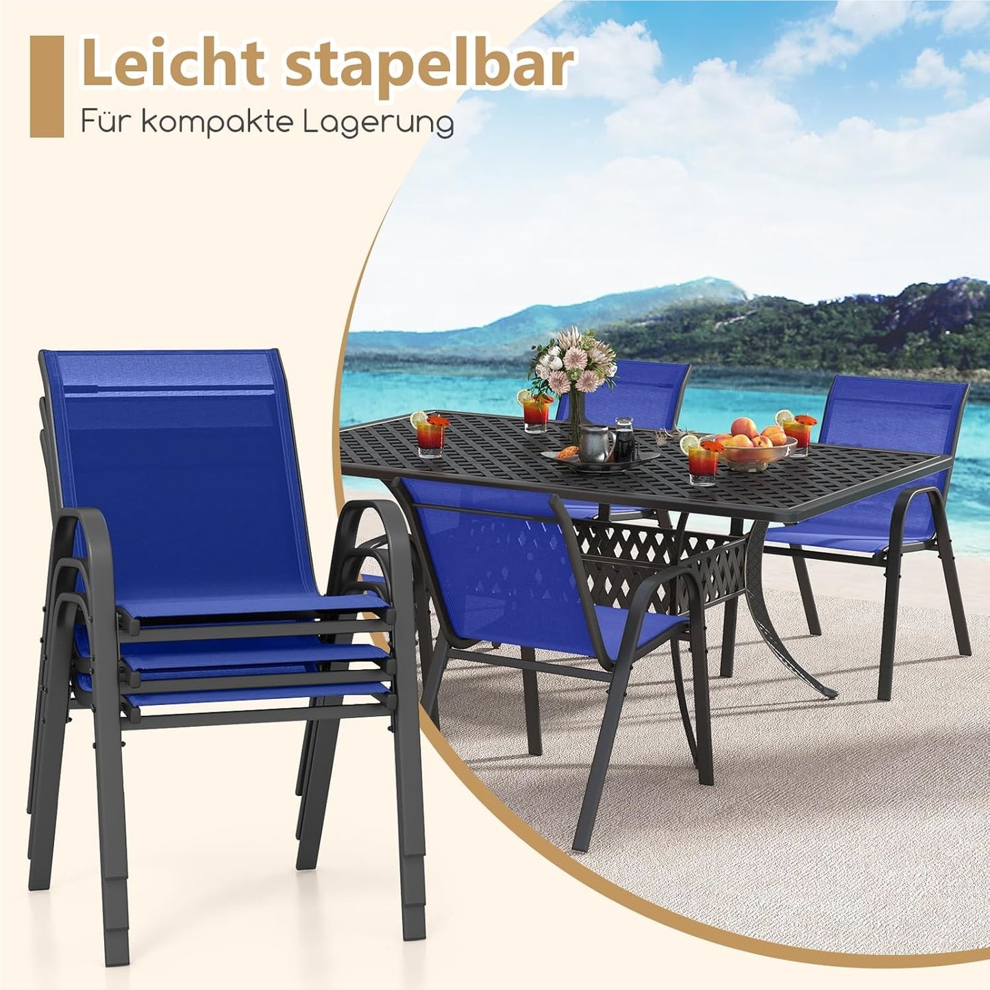 Tuinstoelen – Tuinstoel Set – Balkonstoelen – Terrasstoelen – Stapelbare Stoelen – Blauw – Weerbestendig Textiel – Metalen Frame – Belastbaar Tot 150 kg – 56x70x84 cm