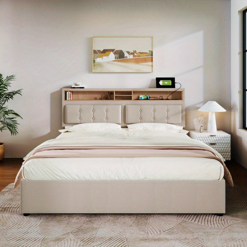 Bedden 160x200 – Tweepersoonsbed – Opbergbed – Lattenbodembed – Gestoffeerd Bed – Verstelbaar Hoofdeinde – Inclusief Matras – Modern Ruimtebesparend Design