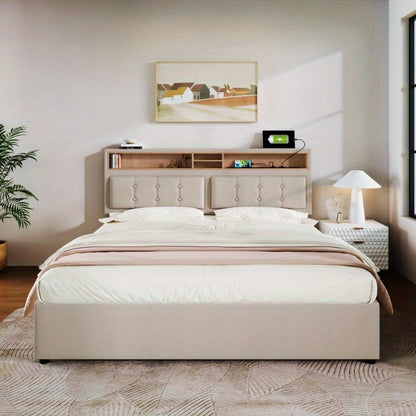 Bedden 160x200 – Tweepersoonsbed – Opbergbed – Lattenbodembed – Gestoffeerd Bed – Verstelbaar Hoofdeinde – Inclusief Matras – Modern Ruimtebesparend Design
