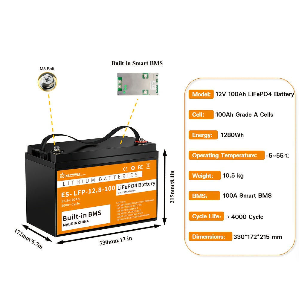 12V 100Ah LiFePO4 Accu – Lithium Accu – Lithium-IJzerfosfaat Accu – Deep Cycle Accu – AGM Accu Vervanger – Ingebouwd BMS – Over 4000 Cyclus Levensduur