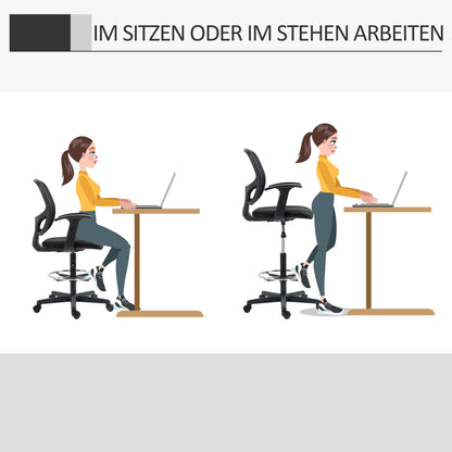 Bureaustoel – Werkstoel – Office Chair – Draaistoel – Tekentafelstoel – Verstelbare Zithoogte 110-132 cm – Inclusief Voetenring Mesh Rugleuning – Zwart