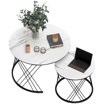 Salontafel – Koffietafel – Bijzettafel – Ronde Tafel – Nestbare Tafel – Marmerlook – Metaal & Spaanplaat – Set van 2 – Ø70 & Ø44,5 cm