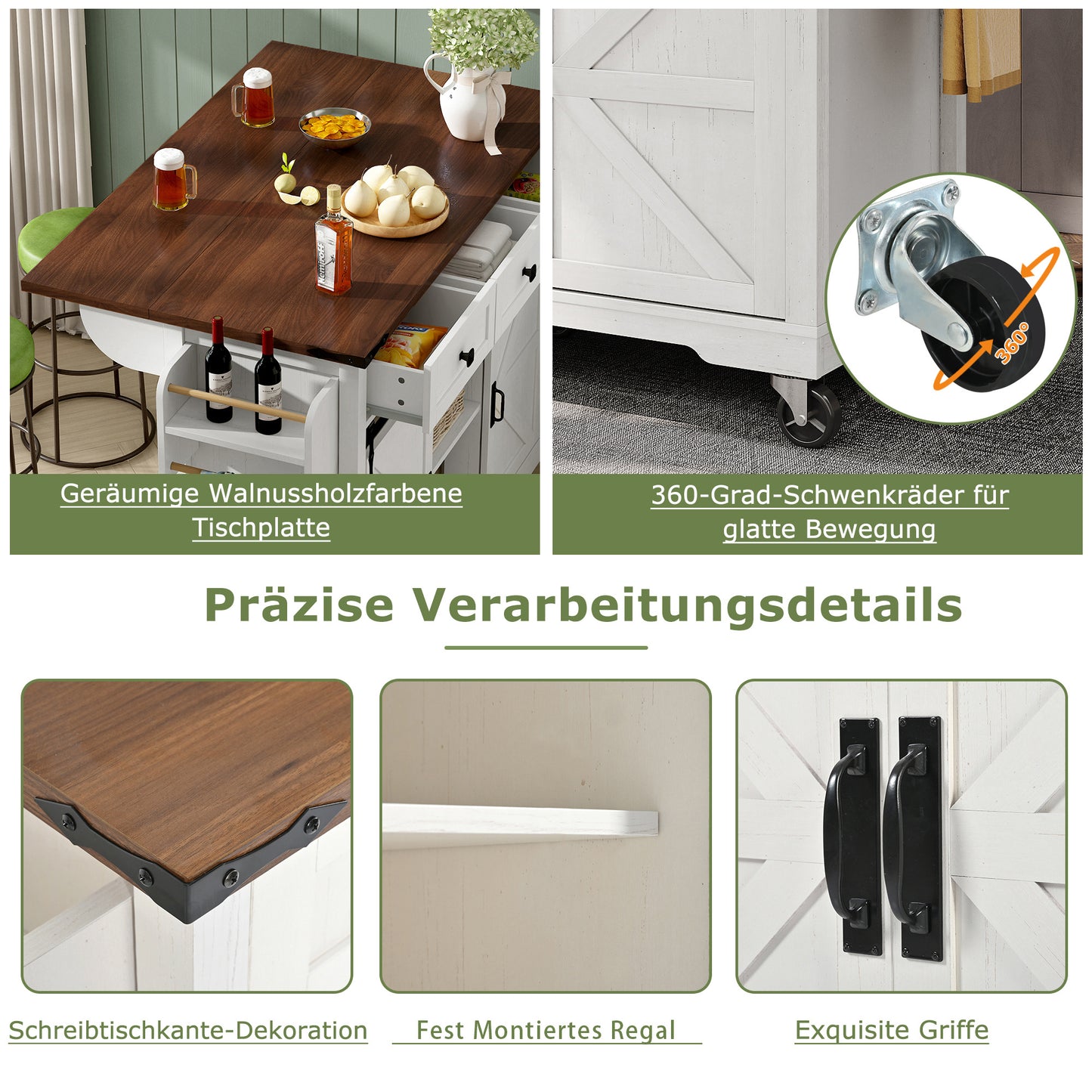 Keukenwagen – Keukentrolley – Serveerwagen – Keukenmeubel – Werkbank – Uitschuifbaar Werkblad 140 cm – Stevig MDF en Metaal – Wielen met Remmen