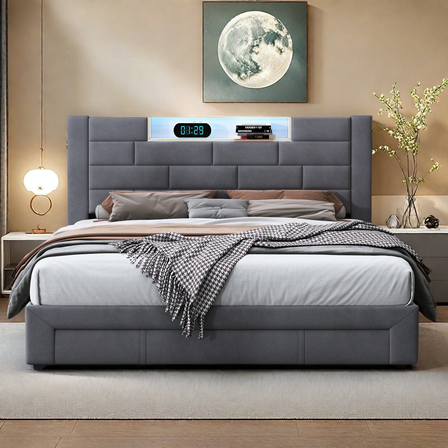 Tweepersoonsbed – Opbergbed – Bed met Lades – Led Bed – Velvet Bed – Met 3 Grote Opberglades – Ingebouwde USB- en Type-C Poorten – Stijlvolle Grijze Velvet Bekleding