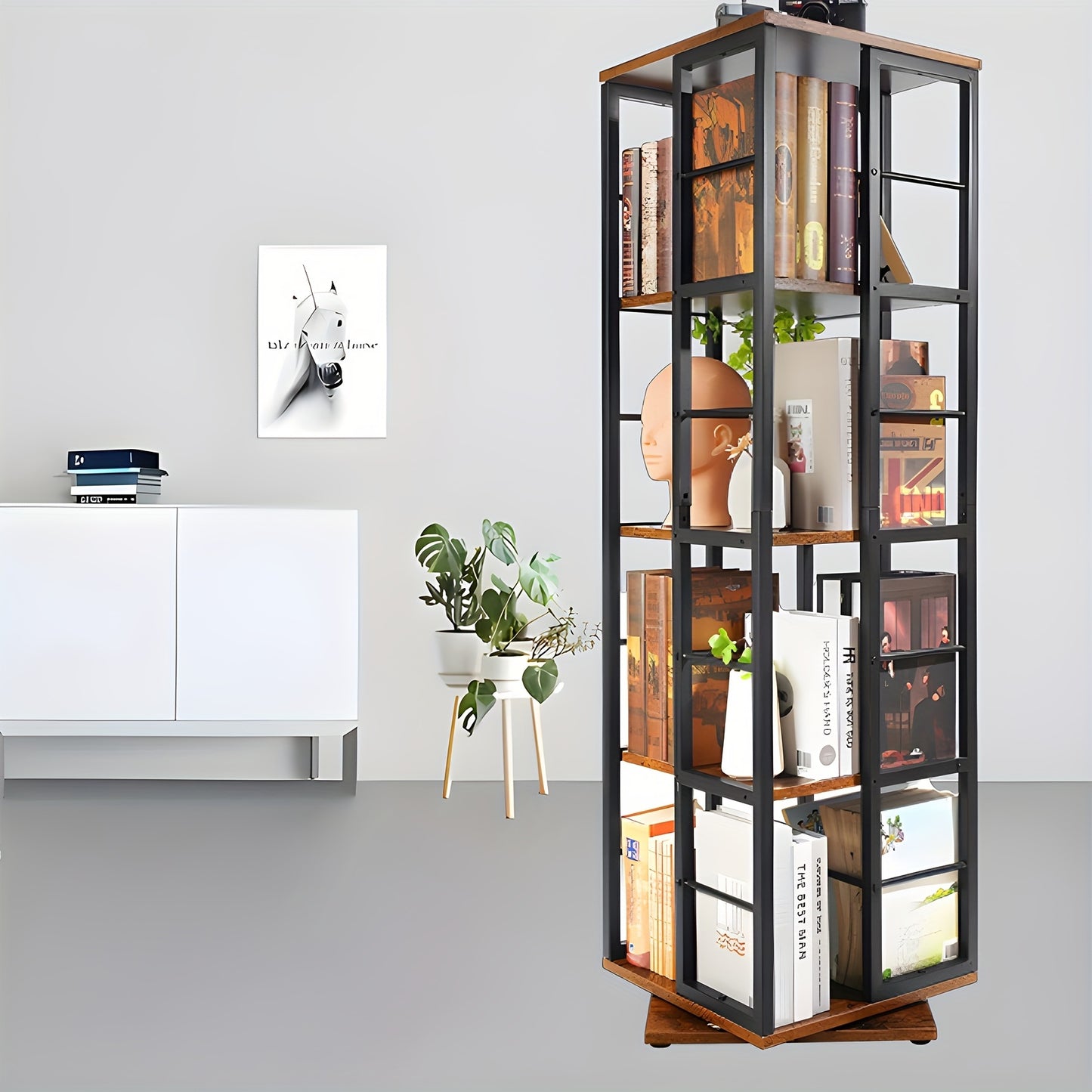 Draaibare Boekenkast – Boekenrek – Vakkenkast – Opbergkast – Plank – Zwart + Bruin – 5 Laags Met 360° Draaifunctie – Stevig MDF En Metaal – Compact En Vrijstaand Ontwerp