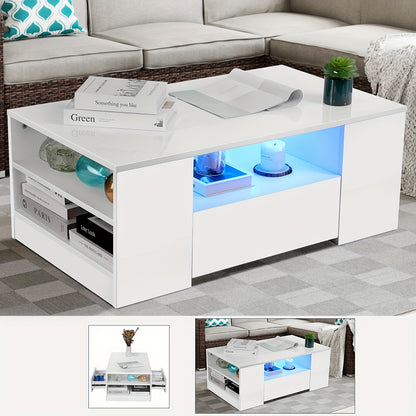 High Gloss Salontafel met Opbergruimte – Wit – RGB LED-verlichting, 2 Laden & Open Plank – Rechthoekige Tafel voor Woonkamer en Kantoor