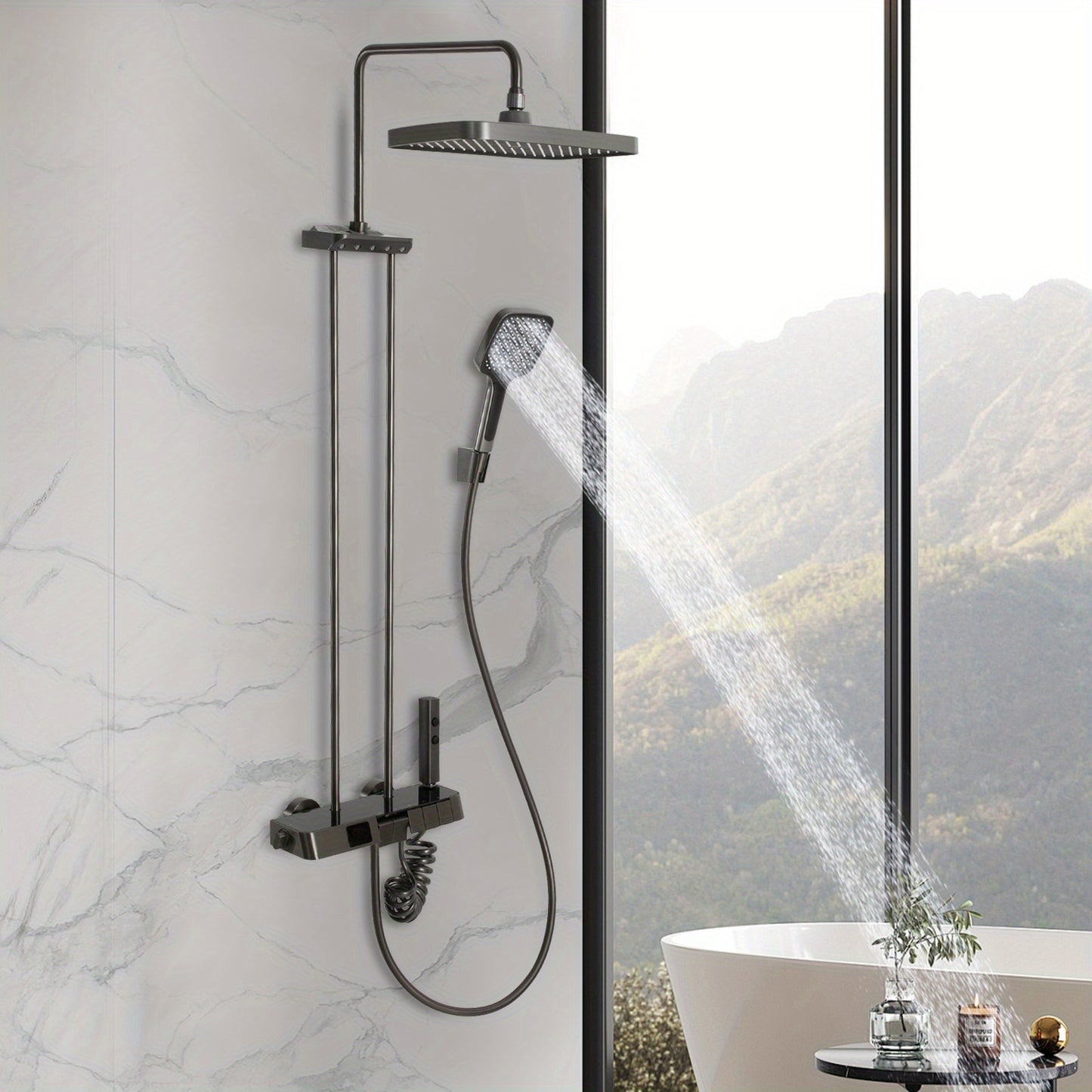 Douchekraan – Doucheset – Mengkraan – Thermostaatkraan – Handdouche – 5-in-1 Waterstanden – Messing en RVS – Zwart Mat