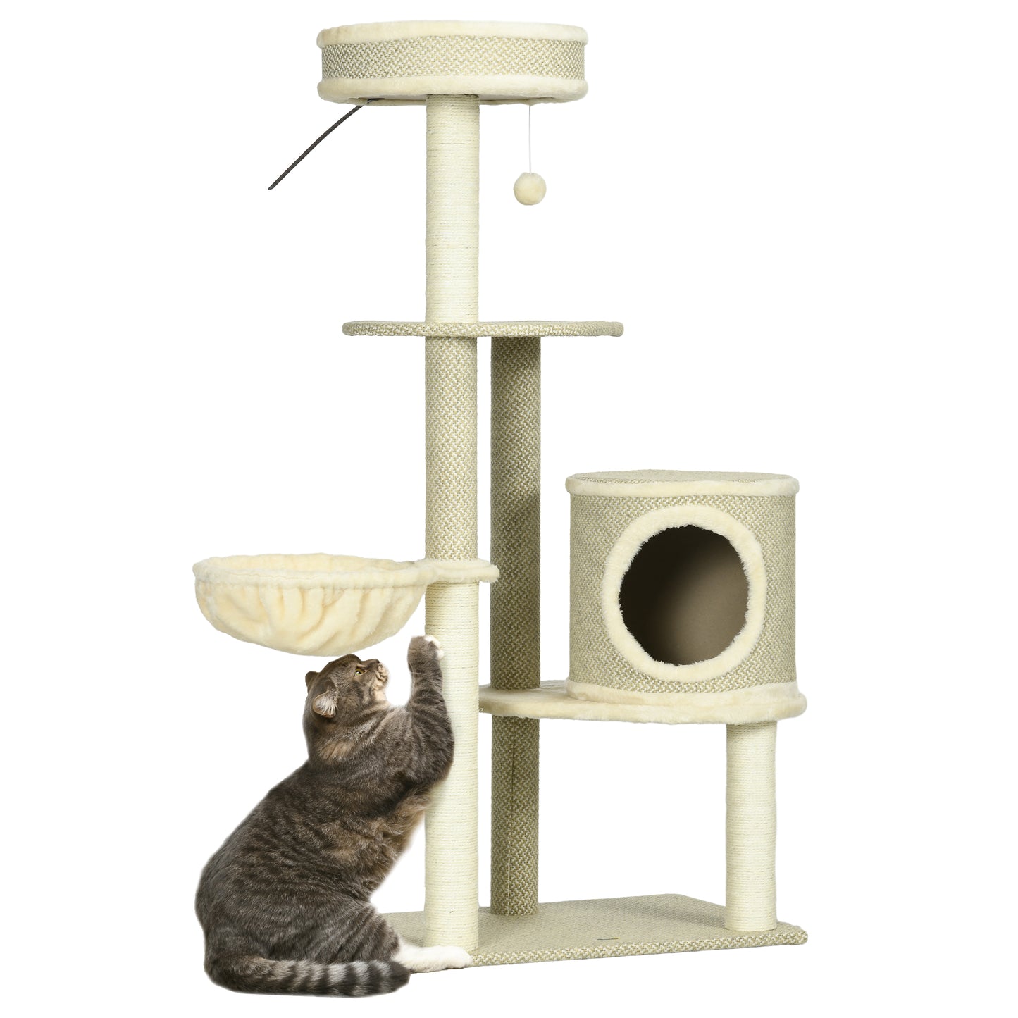 Krabpaal – Kattenkrabmeubel – Kattenboom – Krabton – Kattenhuis – Met Kattenholte en Hangmat – 124 cm Hoog – Natuurlijk Sisaltouw & Pluche Ligplaatsen