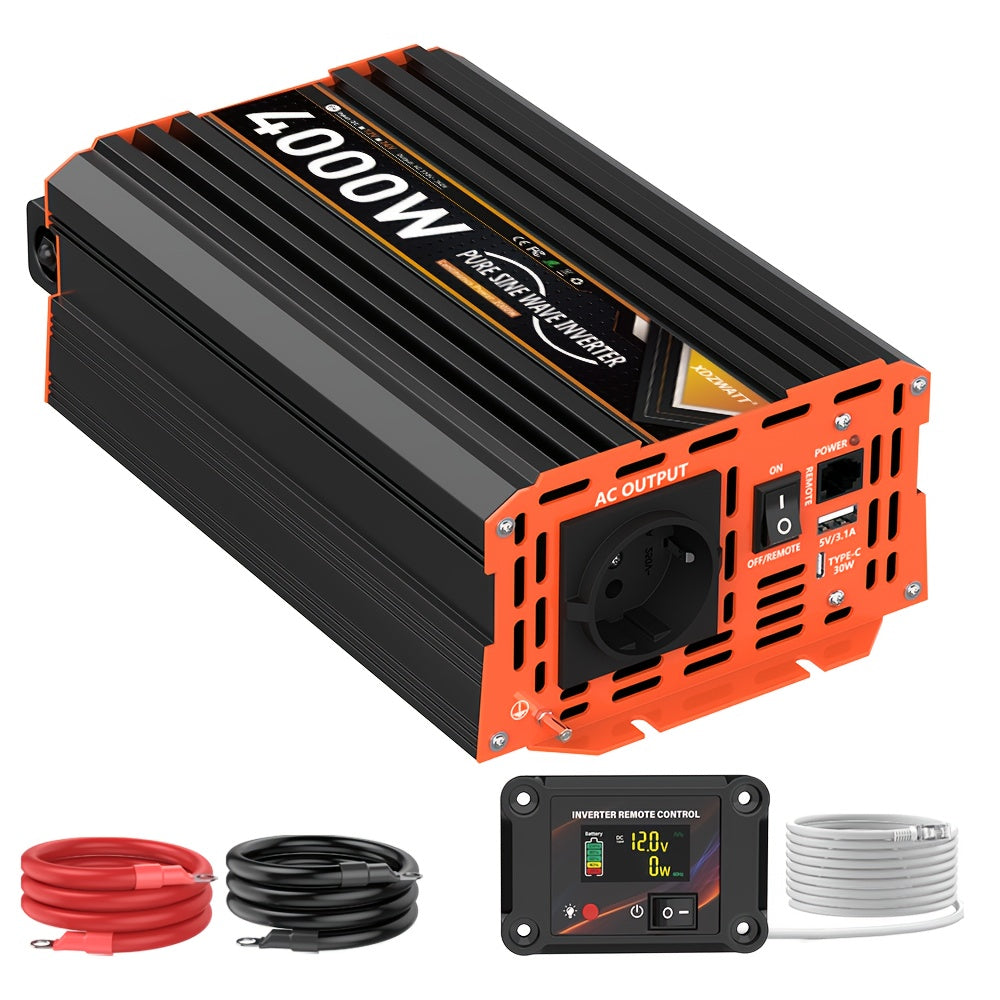 Peak Power 4000W Heavy-Duty Car Power Inverter with LCD Display, Continuous 2000W Output, AC Outlets (European Schuko), 2 USB Ports & Type-C, Remote Controller - for RV, Truck, Solar, Boat, Home Backup - Compatible with 12V/2