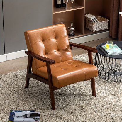 Fauteuil – Relaxstoel – Loungefauteuil – Leunstoel – Draaifauteuil – Mid-Century Modern – Kunstleer – Massief Houten Frame – Ergonomische Armleuningen – Comfortabele Schuimvulling – Karamelbruin Wafelpatroon