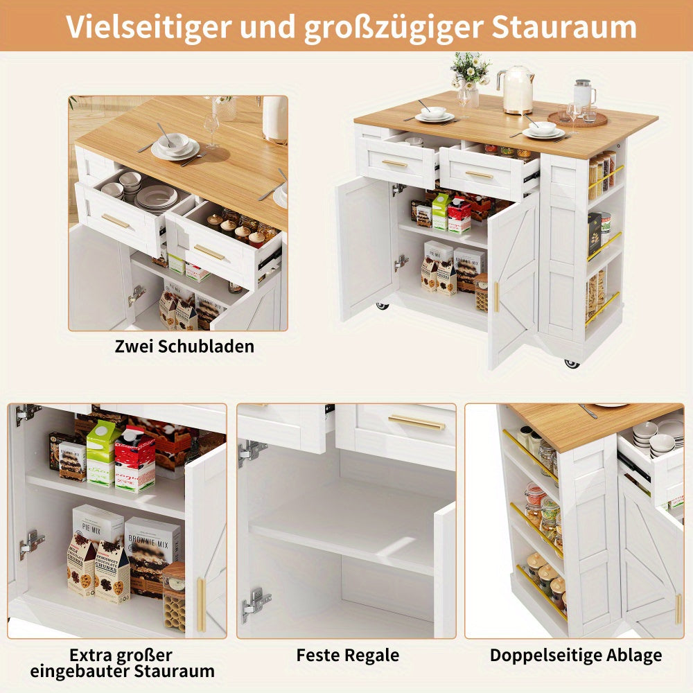 Keukeneiland – Keukentrolley – Kookeiland – Opbergmeubel – Eetkamerwagen – Uitschuifbare Eettafel – Houten Hardhouten Frame – Verstelbare Planken & Wielen