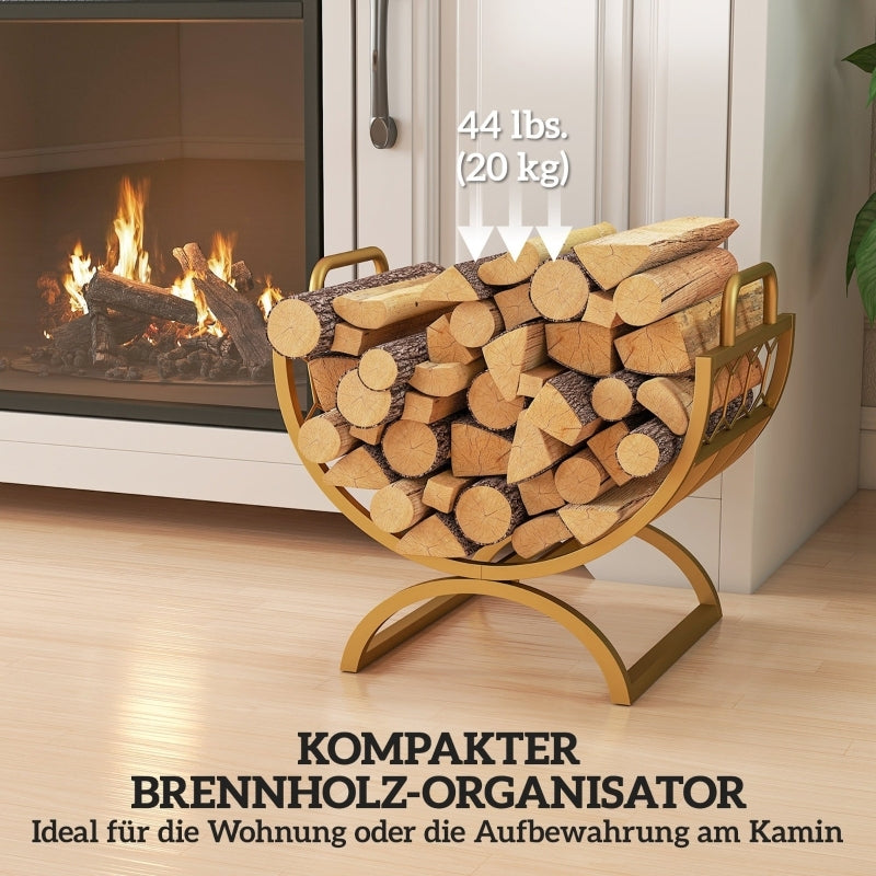 Houthouder – Houtrek – Haardhoutopslag – Houtmand – Houtkorf – Gouden Kleur – 46x36x41 cm – Metalen Poedercoating