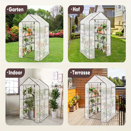 Meerlaagse Kas – Standaard Kas – Plantenkas – Balkon Kas – Tuinkas – Roestvrij Staal Frame – 10 Verstelbare Planken – Ademend PE-Materiaal – Ventilatieopeningen – 145x145x200 cm – Witte Variant